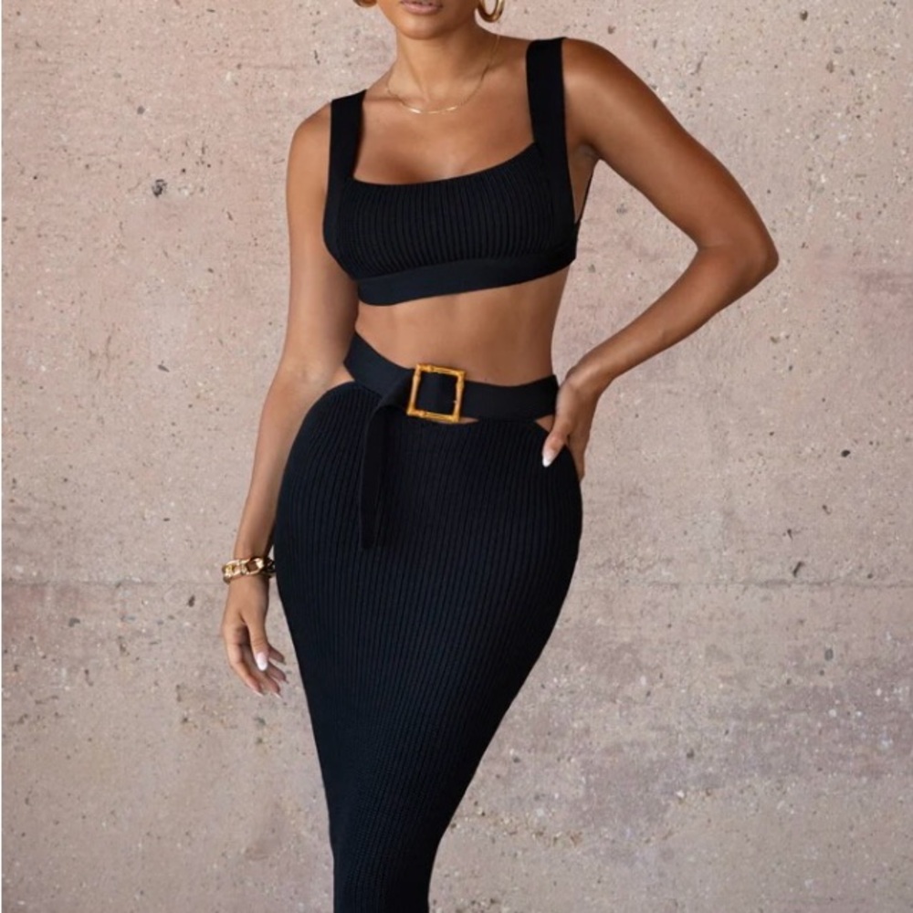 JLUXLABEL Black Ribbed Belted Skirt and Top Set Chic sexy party